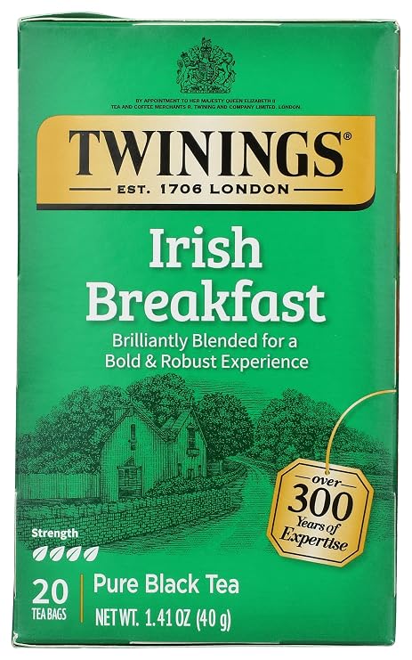 Twinings Irish Breakfast Tea, Robust and Flavourful Caffeinated Black Tea Bags Individually Wrapped, 20 Count