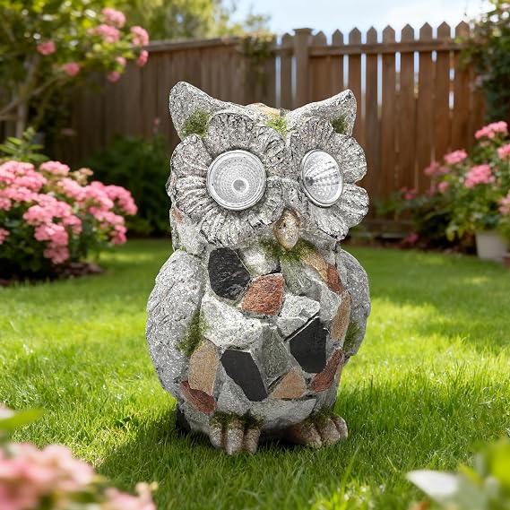 Garden Owl Statue Outdoor Decor with Solar Lights, Resin Owl Figurines for Patio Yard Porch Lawn Solar Owls Decorations Birthday Gift for Women Bird Lovers