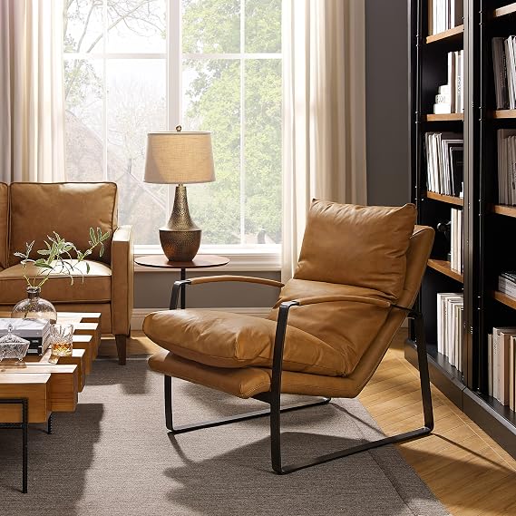 Zouron Mid-Century Lazy Accent Chairs, Reading Armchair with Black Iron Frame, Lounge Sofa Chair for Living Room Bedroom, Reception Area, 1 Pcs, Genuine Leather, Light Brown