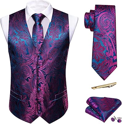 Barry.Wang Mens Suit Vest PaisleyFlower Silk Jacquard Waistcoat Ties Set FormalLeisure 5PCS