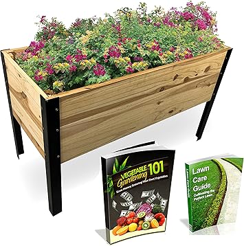 Wooden Raised Planter Box with Steel Legs-Elevated Outdoor Patio Garden Bed Kit to Grow Vegetables -Natural Rot Resistant Wood - 35.5'' W x 15.5'' L x 21.7'' (Tall) - Backyard Expressions (911214-NW)