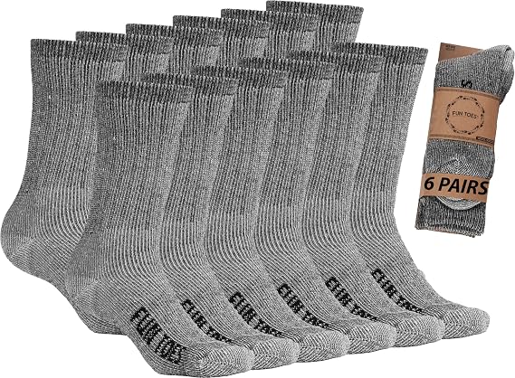 FUN TOES Men's Hiking Crew Merino Wool Socks 6 Pairs Lightweight, Reinforced Size 8-12