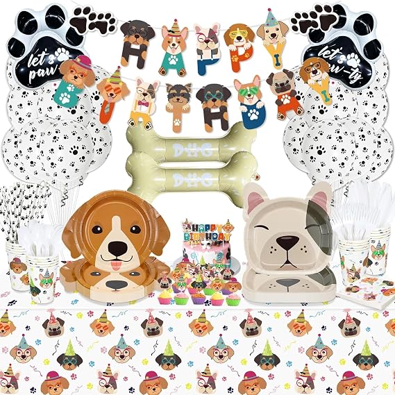 Dog Birthday Party Supplies - Cut Puppy Dog Paw Party Supplies for Doggy, Kids, Birthday Includes Plates, Cups, Napkins, Tableware, Tablecloth, Banner, Balloons, Cake Toppers - Serves 20