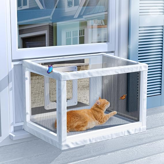 GDLF Winter Cat Window Box,Window Catio with Bug Proof Mesh, Min Height 16" | No Drill Set-up,Fits 24.3-38.8"W Window,Windproof Cover & Cat Door,Acrylic Roof, High-Density Mesh,Sunbathing,Outdoor Viewing