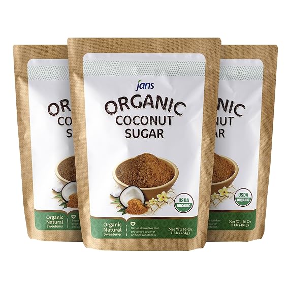 Jans Organic Coconut Sugar (Pack of 3) Unrefined Natural Sweetener, Gluten Free, Non-GMO, Low Glycemic Coco Sugar Organic Coconut Palm Sugar for Baking, Coffee, Tea & Cooking