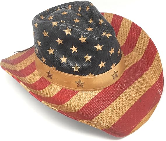 USA Vintage American Flag Cowboy hat with Neutral Star Band and Star Studs and Shapeable Brim
