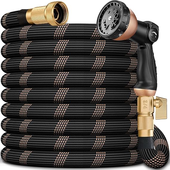 Garden Hose 100FT, Lightweight Flexible Water Hose, 5/8" Kink Free Leak Proof Hose, 96-Layer Woven with 3/4" Brass Fittings, 10 Function Nozzle for Yard Lawn Outdoor Car Wash(Black Rose gold)