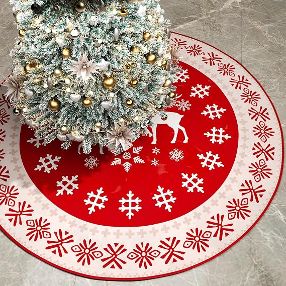Christmas Tree Skirt, 48 inch Large Xmas Red Merry Christmas Base Cover for Tree, Ornaments Mat for Indoor Outdoor Holiday New Year Party Home Decorations