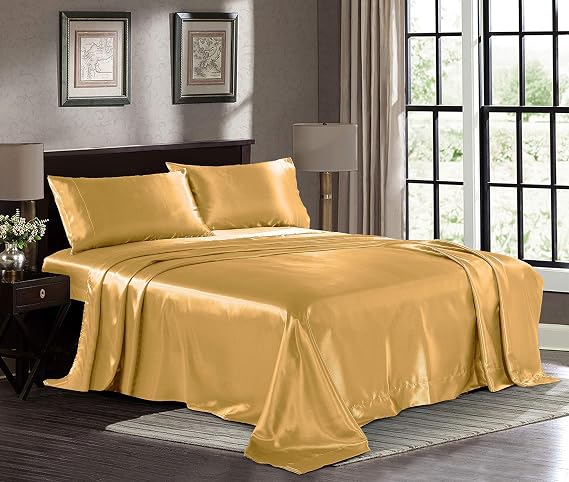 Satin Sheets Queen [4-Piece, Gold] Hotel Luxury Silky Bed Sheets - Extra Soft 1800 Microfiber Sheet Set - Deep Pocket Fitted Sheet, Flat Sheet, Pillow Cases