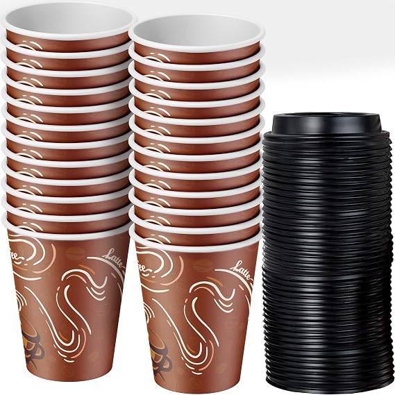 Avant Grub 100 Pack 12 Oz Restaurant Grade Paper Coffee Drinking Cup With Recyclable Dome Lids. Durable, BPA Free Disposable Designer Cups For Hot Drinks At Kiosks, Shops, Cafes