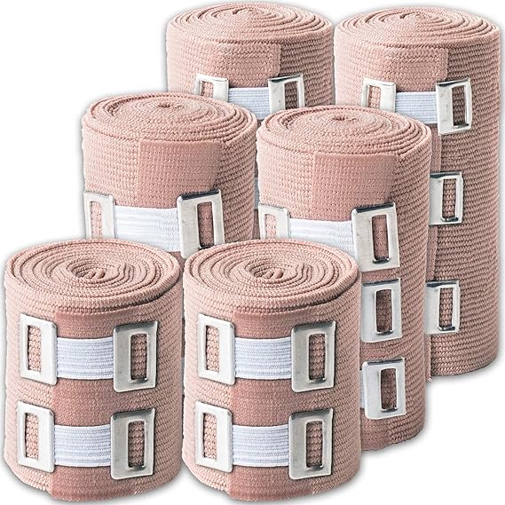 Elastic Bandage Wrap Multi Purpose: 6 Compression Wraps of 3 Different Sizes Very Easy to Use with Hook & Loop Closure. Latex-Free, Stretches up to 15ft & Includes Extra Clip
