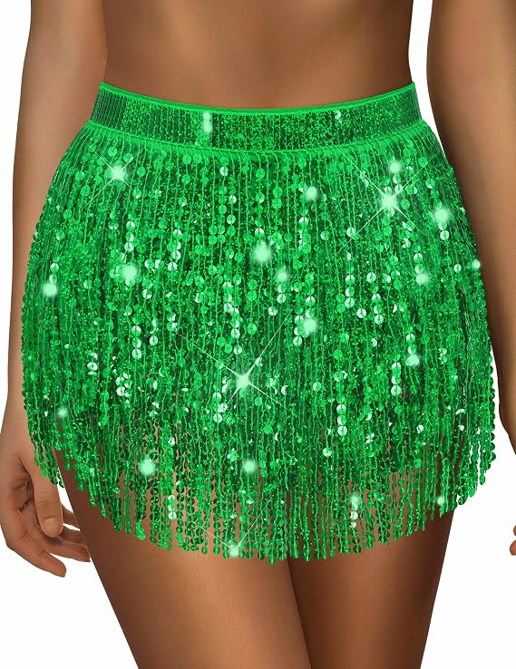 qikqik Sequin Skirt for Women Sparkly Skirt Tassel Skirts Halloween Sequin Fringe Skirts Belly Dance Glitter Rave Outfit Wrap
