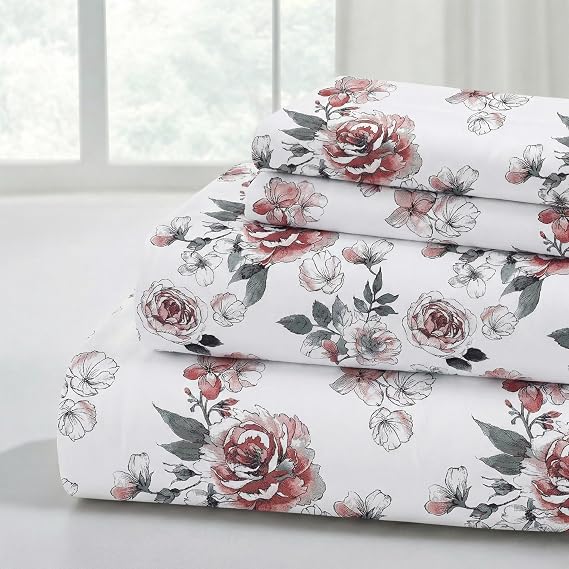 Modern Threads 4-Piece Ultra Soft Microfiber Bed Sheets Set, Wrinkle Free Sheets with Deep Pockets Fitted Sheet, Flat Sheet & Pillowcases, Lightweight Breathable Bedding, Vintage Roses, King