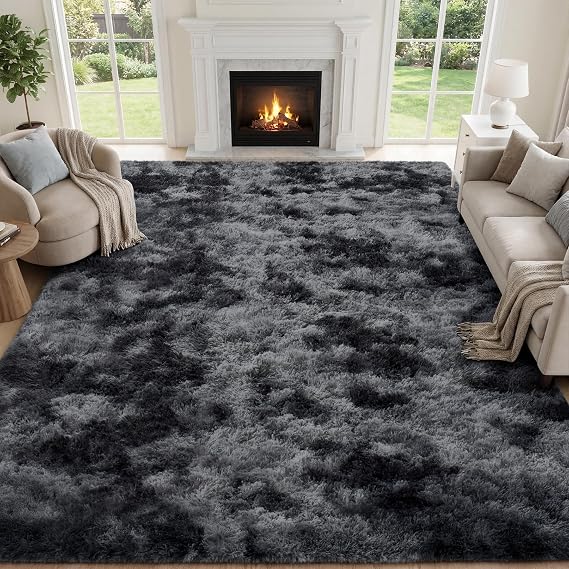 PLHXFR 6x9 Area Rugs Living Room: Fluffy Bedroom Soft Shag Rug Black Grey | Upgrade Non-Slip High Pile Carpet Fuzzy Plush Indoor Floor Decor Shaggy Rugs for Kid Boys Girls Playroom Nursery Modern Home