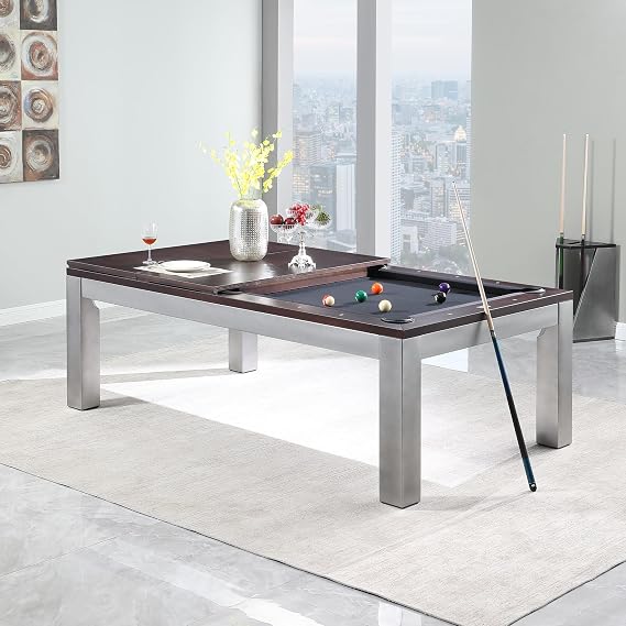 Playcraft Genoa Slate Pool Table with Dining Top - Billiard Table with Walnut on Silver Finish - 3pc Slate System - Perfect for Game Room, Office or Dens - 25 Cloth Colors - 7 Foot and 8 Foot Sizes