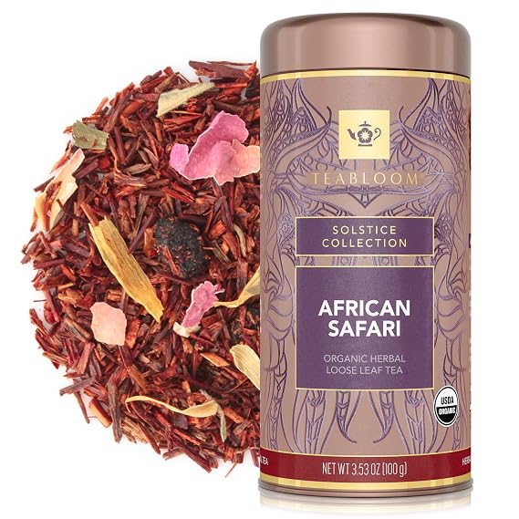 Teabloom Organic Herbal Tea, African Safari Loose Leaf Tea, Sweet Rooibos Blend with Berry Flavors and Vanilla, USDA Certified Organic, Fresh Whole Leaf Blend in Reusable Gift Canister, 3.53 oz/100 g Canister Makes 35-50 Cups