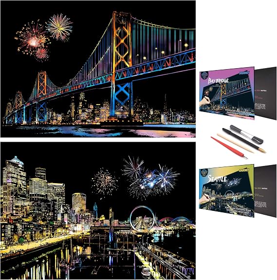 Scratch Rainbow Painting Art Paper,Scratch Art Crafts Set for Adults&Kids,Scratch Painting DIY Creative Gift with 4 Tools,16''x11''(America Series)