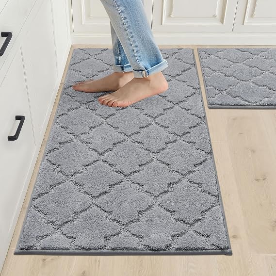 Cosy Homer Kitchen Rug Set of 2 50 x 75 cm + 50 x 120 cm Grey Non slip and washable absorbent polyester fabric soft underfoot kitchen and hallway