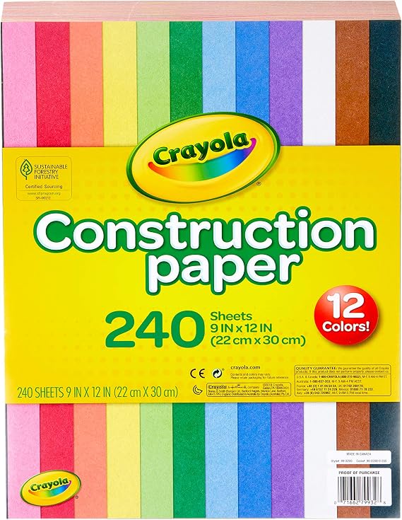 Crayola Construction Paper (240ct), 12 Assorted Colors, Kids Arts & Crafts Paper, Gifts for Kids, Classroom Supplies for Teachers