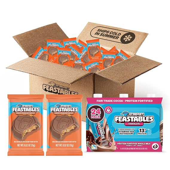 MrBeast Feastables Peanut Butter Cups 2lb Box & Protein Milk 24 Count