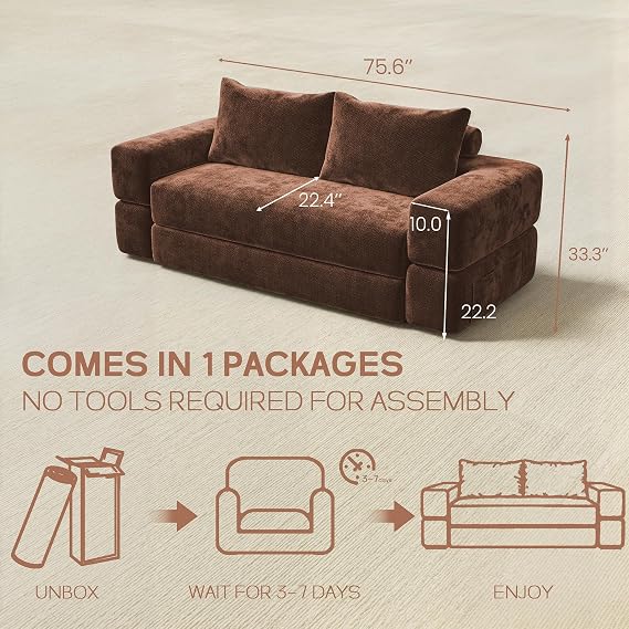 olimix 75'' Folding Convertible Sofa Bed with Large Pillow, 4-in-1 Foldable Pull Out Futon Sofa Bed, Chenille Boneless Mattress Couch