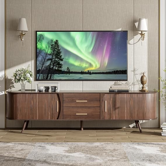 Merax Fluted TV Stand for TVs Up to 80", Mid Century Entertainment Center | Features Sliding Tambour Doors and Drawers, 70" Modern Curved Media Console with Storage for Living Room, Walnut