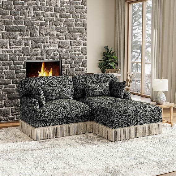 69'' Modular Sectional Couch, Cloud Deep Seat Sofa, Chenille Leopard Print Couch with Tassel for Living Room (L-Shaped, Green)