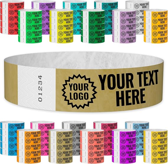 WristCo Gold Custom Imprint Wristbands - 1,000 Count Tyvek 34 x 10- Add Any Text Logo and Image & Receive Printed Wrist Band Bracelets for Events Concert Party Festival Security Admission VIP