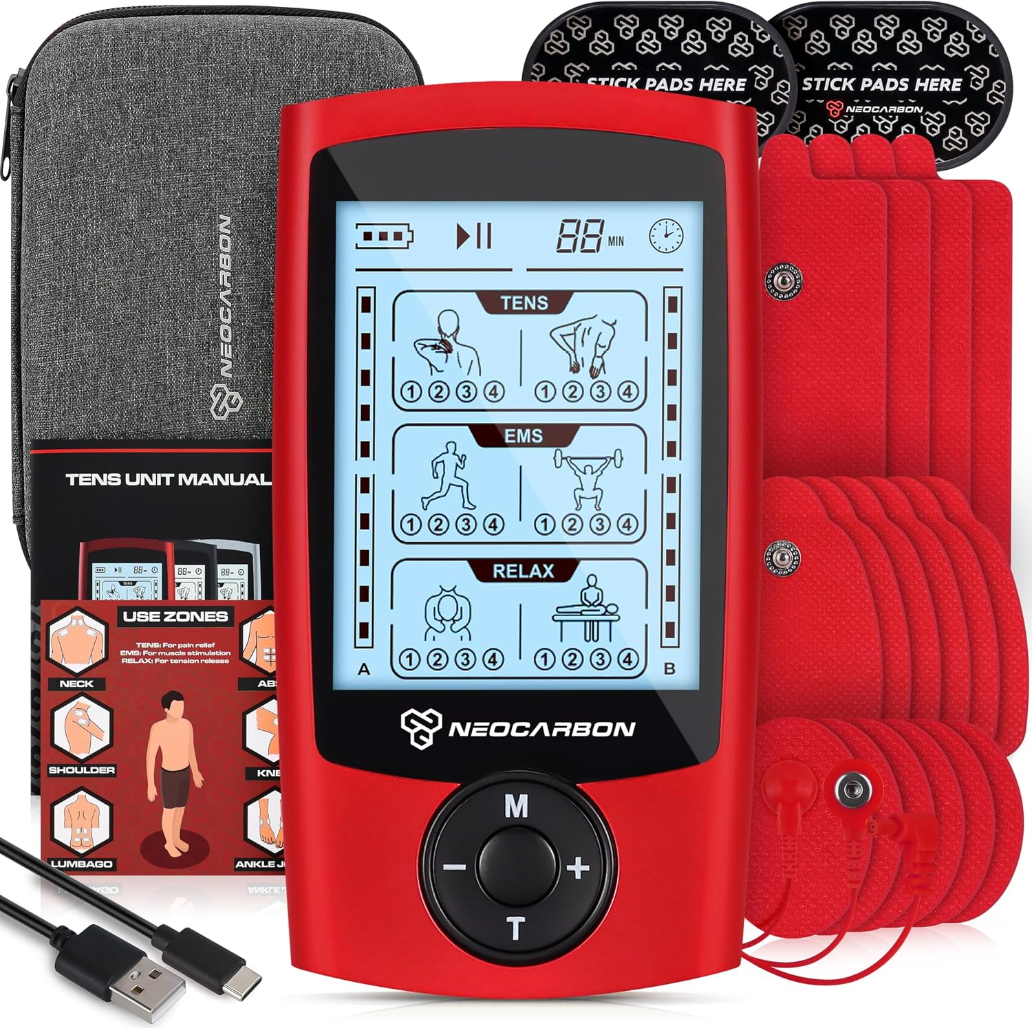 Dual Channel TENS EMS and Relax Muscle Stimulator, Electronic Pulse Massager Unit, 14 Electrode Pads, Travel Case-Tens Ems Unit