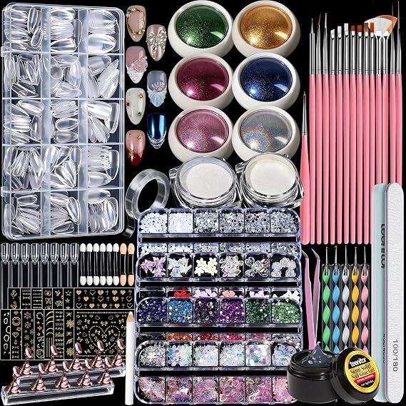 Teenitor Acrylic Nail Kit With Chrome Powder, Almond Tips, Art Brushes, Charms, 3D Gel, Tools, Stand - Beginner Set