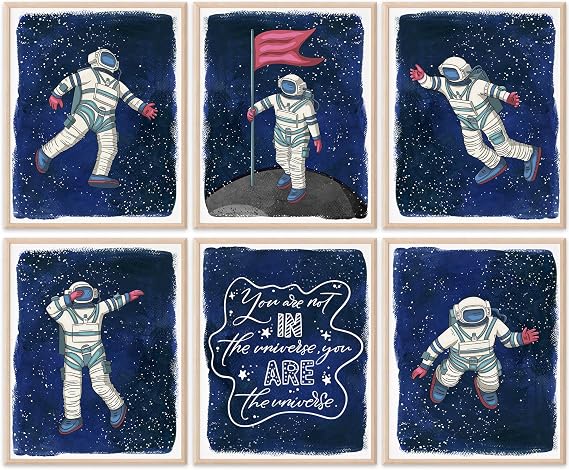 Astronauts In Space Art Prints (Set of 6) - Unframed - 8x10s | Room Decor for Space Enthusiasts, Kids' Bedrooms, Playrooms, or Home Offices | Office Wall Decor | Kid's Room Decor | Living Room Decor