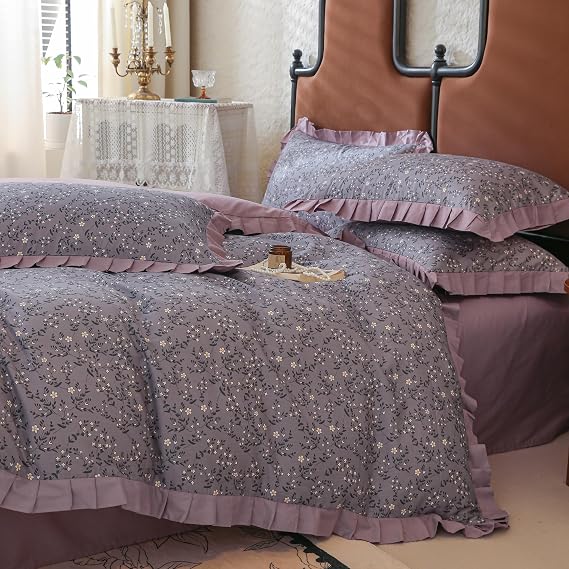 Flower Bed Linen 200 x 200 cm with Purple Ruffle Duvet Cover for Girls Women Purple Reversible Bed Linen Floral Pattern Soft Cotton Duvet Cover Double Bed with 2 Pillowcases 80 x 80 cm