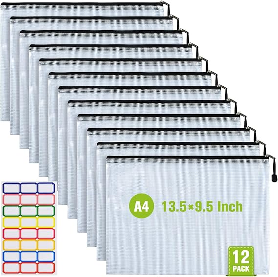 12PCS Mesh Zipper Pouch Bags: A4 Clear Zipper Pouches for Classroom, Black | 13.5 x 9.5 Inch Plastic Mesh Bag Letter Size Document Pouch, Waterproof Organizing Pouch for School and Office Supplies