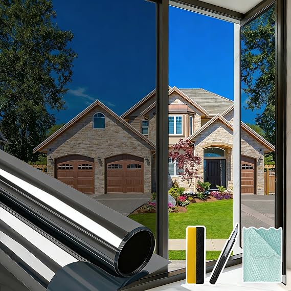 Bloss One Way Privacy Window Film Heat Blocking, Black Silver,17.7" x 78.7" | Window Tint for Home with 3 Tools, Heat Control, Sun Blocking Window Film Anti UV Windows Coverings for Home, Office, Door