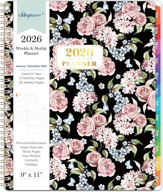 2026 Planner - Planner 2026, JAN 2026 - DEC 2026, 2026 Planner Weekly and Monthly with Colorful Tabs, 9" x 11", 2026 Planners/Calendar with Flexible Cover + Back Pocket + Twin-Wire Binding, Rose
