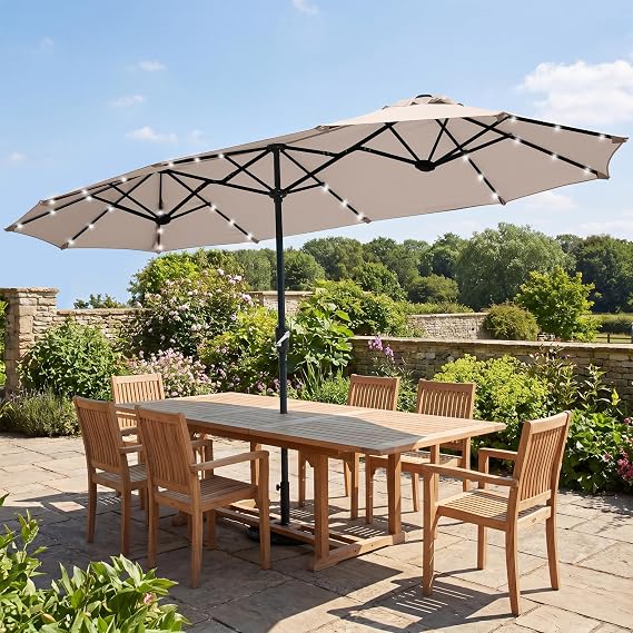 REE SOLDIER 13ft Double Sided Patio Umbrella with Solar Lights (Beige) | Waterproof Fade-Resistant Fabric, Rust-Proof Aluminum Pole, Crank Tilt Adjustment, Ideal For Garden, Yard, Pool, Patio