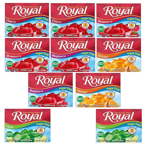 Royal Sugar Free Gelatin Dessert Mix Variety - 10 Boxes, 5 Fruity Flavors
