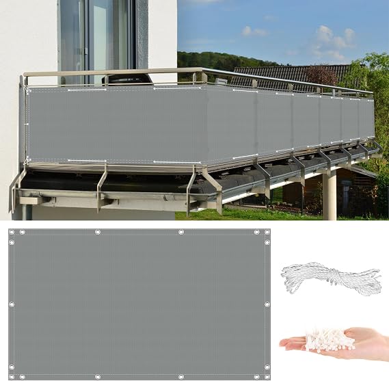 Balcony Privacy Screen 3' x 16' Heavy Duty Privacy Screen Protector Garden Decor Outdoor Fence Privacy Screen with Grommets, Zip Ties Included UV 96% Protection for Patio Railing Shield, Grey