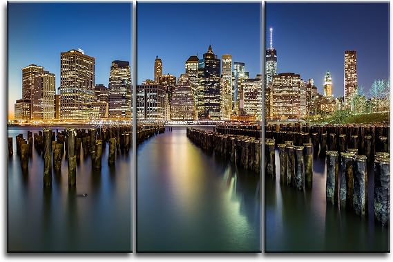 Niwo ART (TM - New York Cityscape Picture On Canvas - Giclee Wall Art for Home Decor, Gallery Wrapped, Stretched and Framed Ready to Hang (20"x12"x0.75", 3pcs)