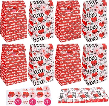 Valentines Treat Bags, 24Pcs Valentine's Day Paper Gift Bags with Love Stickers, Valentines Goodie Bags for Kids Party Favors Cookies Candy Snack Bag for Valentine's Day Decor Classroom Party Supplies