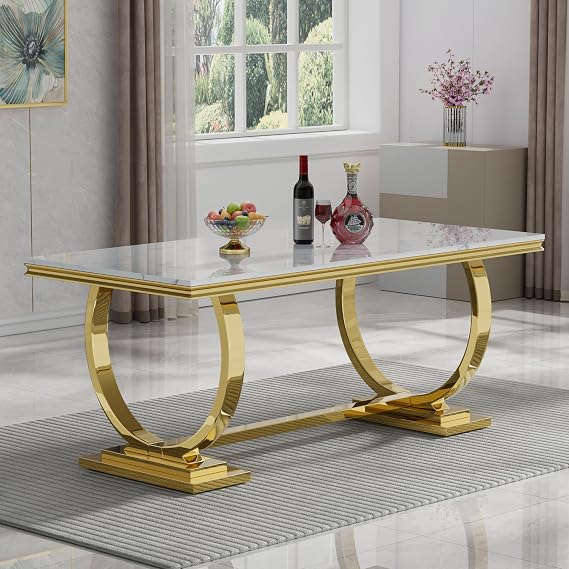Henf 68 Inch Luxury White Marble Dining Table for 4 6 8, Modern Gold Kitchen Table with Faux Marble Top & O-Shape Stainless Steel Pedestal,Large Rectangle Dinner Tables for Kitchen, Dining Room