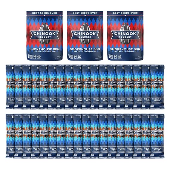 Chinook Seedery Cinnamon Toast 1.5oz (36 Pack) & Smokehouse BBQ 4oz (3 Pack) Combo - Roasted Jumbo Sunflower Seeds - Keto Snacks - For Snack Packs - Gluten Free, Non GMO Snack Food Gifts