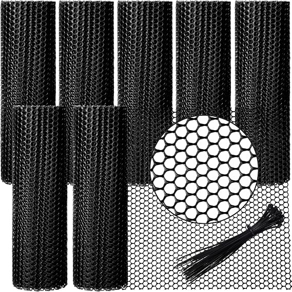 6 Rolls 6 Rolls Plastic Chicken Wire Fencing Mesh, 120x16in, Black | Black Hexagonal Poultry Netting, 120 x 15.7 Inch Each, Zip Ties, Garden Fence, Cat Bird Netting, Rust Resistant