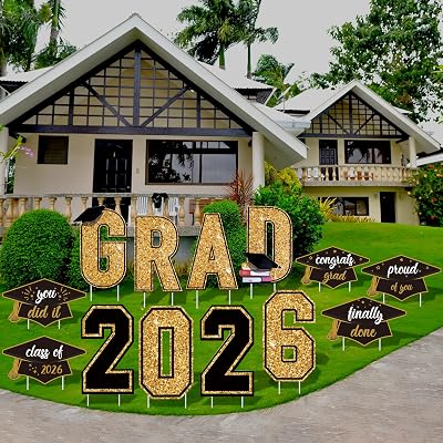 Aneco Waterproof 2026 Grad Yard Signs Plastic Graduation Yard Signs Party Outdoor Lawn Decorations 16 Inches Glitter Congrats Grad with Stakes for Outdoor, Lawn Party Decor Black and Gold