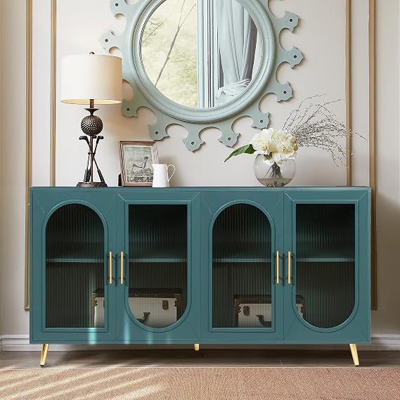 KLMM Vintage Storage Cabinet,Sideboard with 2 Glass Door and Adjustable Shelves,TV Stand for 65+ Inch TV,Media TV Console for Living Room Bedroom