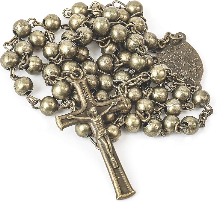 Nazareth Store WWII Combat Design Bronze Rosary Beads Handmade Metal Beaded Men Necklace Miraculous Medal with Jesus Crucifix