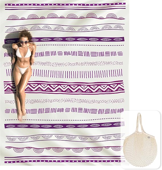 Silky Soft 108"x84" Sand Proof Beach Blanket Sand Proof Mat with Corner Pockets and Fashion Mesh Bag for Beach Party, Geometric Boho Stripes