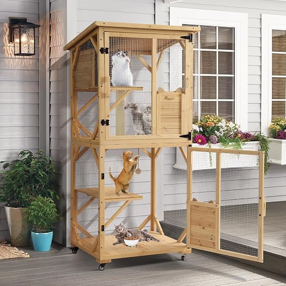 Catio Outdoor Cat Enclosure with Scratcher, Wooden Window Catio
