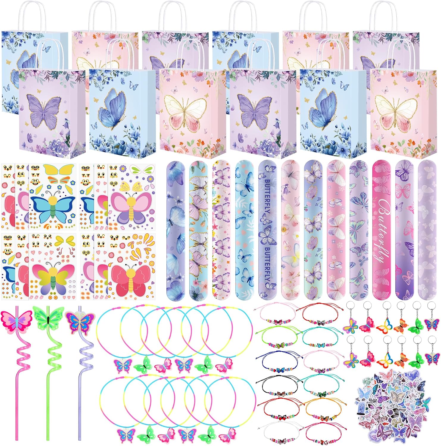 Aneco 184 Pcs Butterfly Theme Party Favors with Gift Bags Snap Bracelets Keychains DIY Stickers Bead Bracelets Straws Necklaces for Goodie Bag Fillers Baby Shower Birthday Butterfly Party Supplies