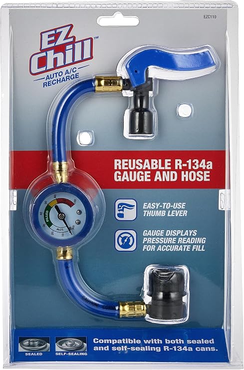 A/C Pro Car Air Conditioner Refrigerant Gauge and Hose by A/C Pro, EZ Chill Reusable AC Recharge Kit for Cars, Trucks,3 x 11 x 8 inches